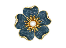 Load image into Gallery viewer, Anemone blue brooch with gold accents and a pearl center.
