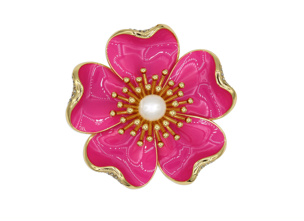 Anemone fuchsia brooch with gold accents and a pearl center.
