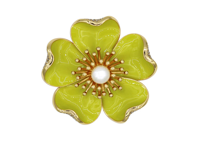 Anemone yellow brooch with gold accents and a pearl center.