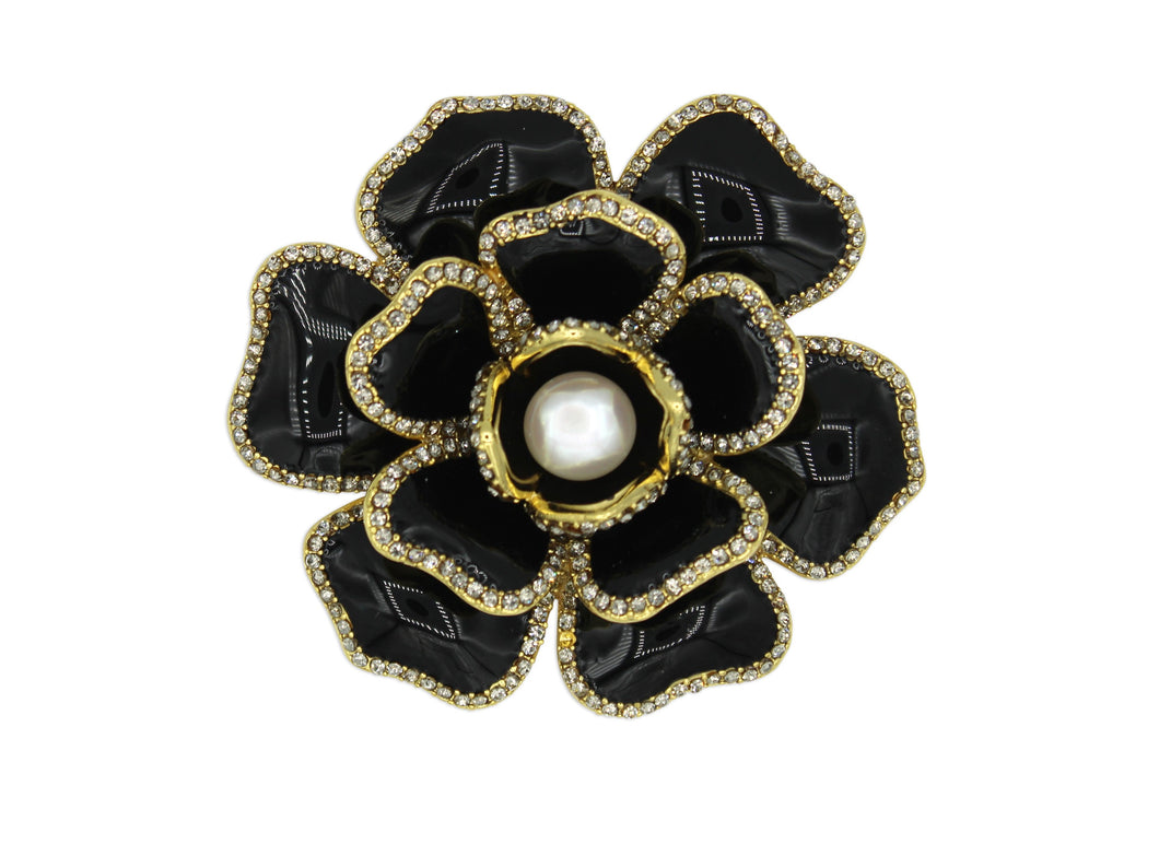 Gardenia Black Enamel Brooch