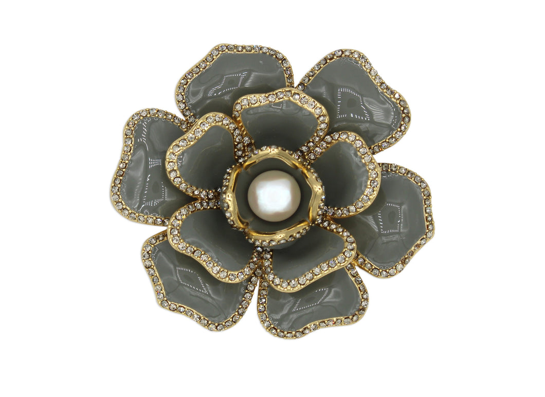 Gardenia Grey Enamel Brooch