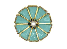 Load image into Gallery viewer, Dandelion brooch with blue enamel, pearl and gold accents.
